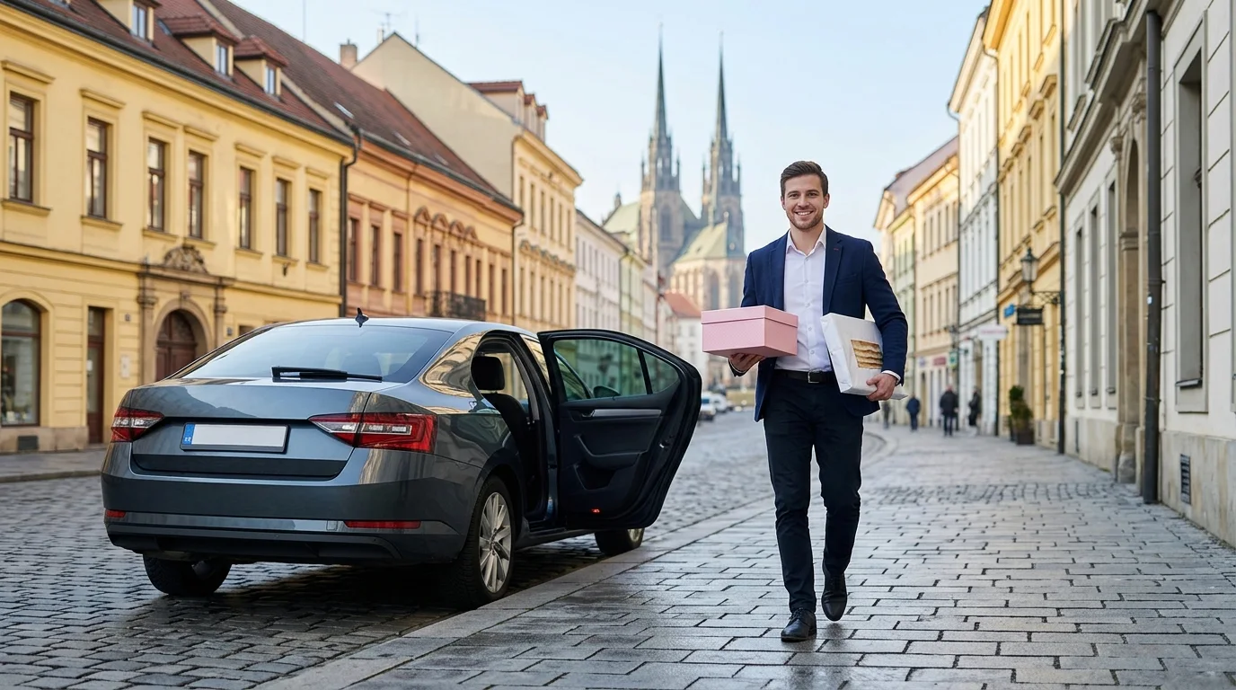 Kurýr v saku u tmavé Škody Superb v Brně předává balíček s jedlým tiskem