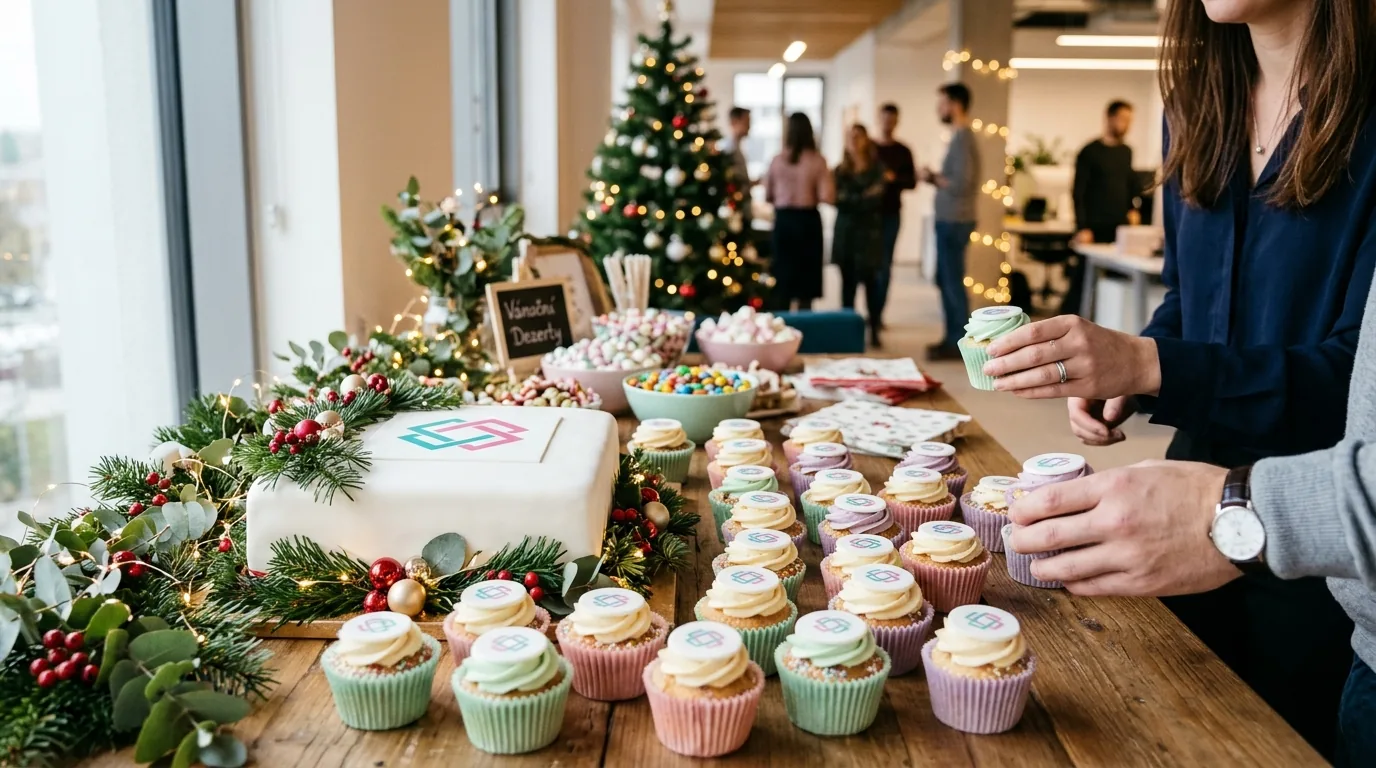 Firemní vánoční večírek: dort a cupcakes s jedlým tiskem firemního loga na slavnostním stole