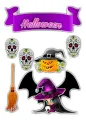 Obdélníkový jedlý obrázek na dort – Halloween, čarodějka a mexické lebky (fialová, černá, žlutá)