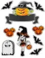 Obdélníkový jedlý obrázek na dort – Halloween, čarodějka, náhrobek a stuha (černá, žlutá, šedá)