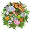 Kulatý jedlý obrázek na dort – Safari zvířátka v džungli (zelená, růžová, šedá)