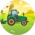 Kulatý jedlý obrázek na dort – Zelený traktor na louce s větrným mlýnem (zelená, žlutá, hnědá)