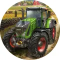 Kulatý jedlý obrázek na dort – Zelený traktor u slunečnic (zelená, červená, žlutá)