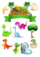 Obdélníkový jedlý obrázek na dort – Dinosauři v džungli (zelená, modrá, žlutá)