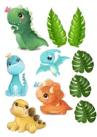 Obdélníkový jedlý obrázek na dort – Veselé dinosauří mláďata (zelená, žlutá, modrá)