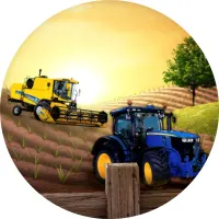 Kulatý jedlý obrázek na dort – Zemědělská technika na poli (žlutá, modrá, hnědá)