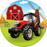 Kulatý jedlý obrázek na dort – Traktor na louce u stodoly (červená, zelená, modrá)