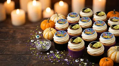 Halloweenské cupcakes ozdobené jedlými tisky Cukraření s nápisem Halloween a zlatou lebkou