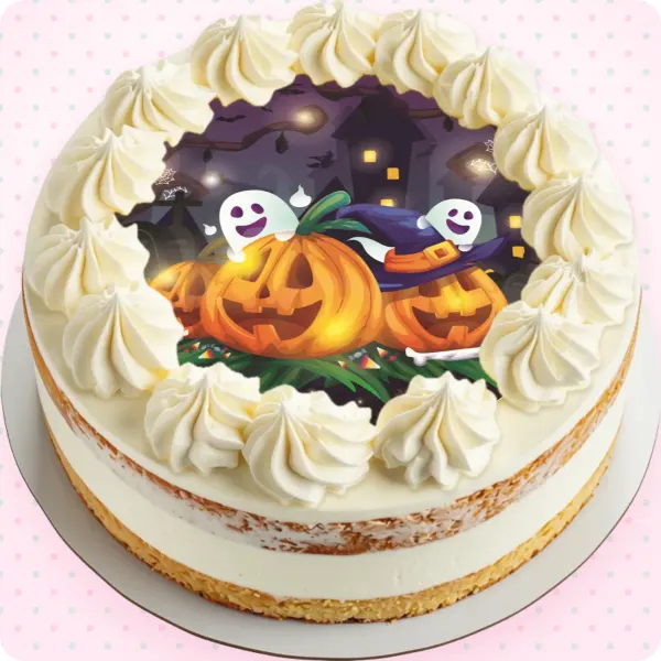 Kulatý jedlý obrázek na dort – Dýně a duchové na Halloween (fialová, žlutá, černá) – ukázka na dortu