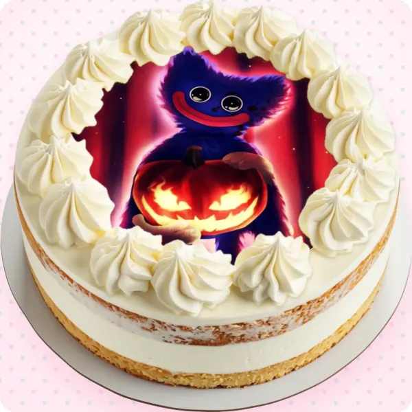 Kulatý jedlý obrázek na dort – Huggy Wuggy, Halloween (modrá, červená, černá) – ukázka na dortu