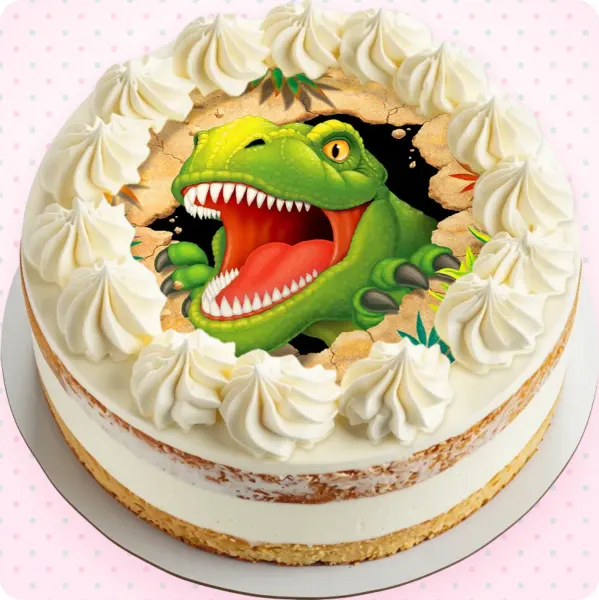 Kulatý jedlý obrázek na dort – Zelený T-Rex ve skále (zelená, hnědá, červená) – ukázka na dortu