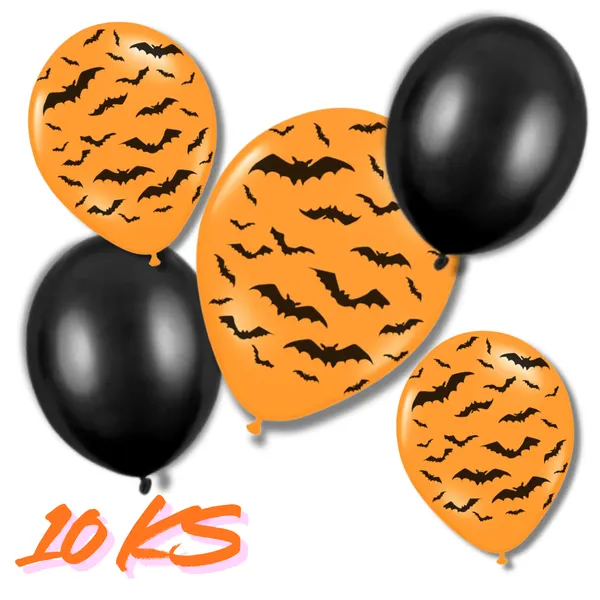Latexový balonek oranžový plný netopýrů – Halloween – 30 cm, 10ks