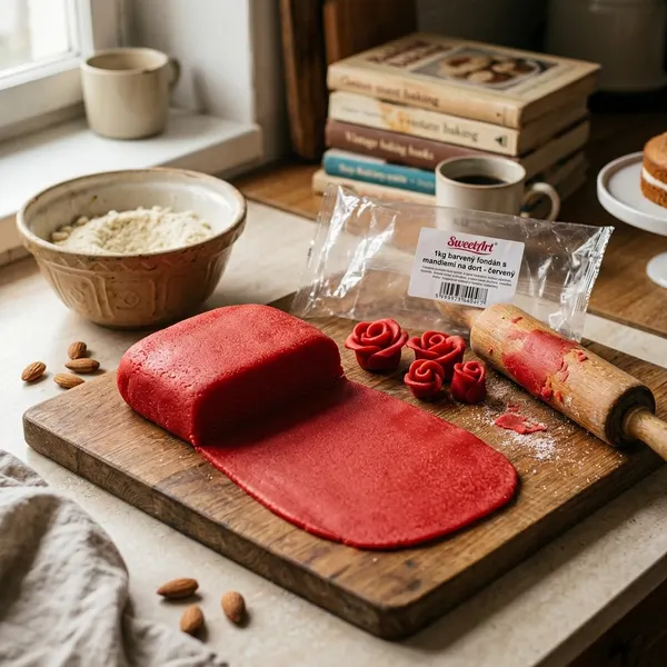 1kg barvený fondán s mandlemi na dort - červený