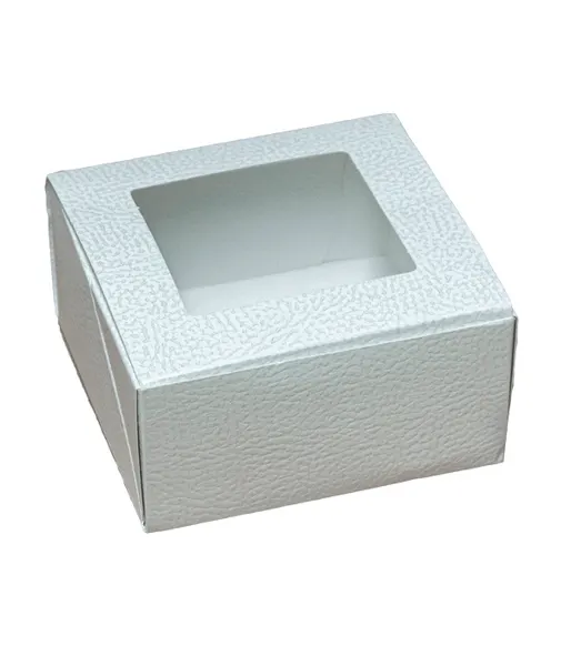 Krabice na cukroví s průhledem 120x120 v.60mm (kůže bílá) 1 ks/krabička