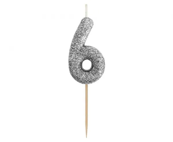 Dortová svíčka číslo 6 - třpytivá černo stříbrná, 11 x 3,5 cm