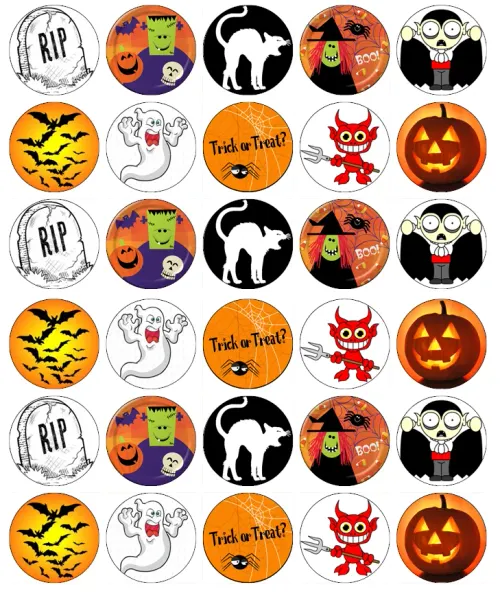 List jedlých koleček na cupcakes – Halloween, postavičky, náhrobky RIP a upír (černá, žlutá, bílá)