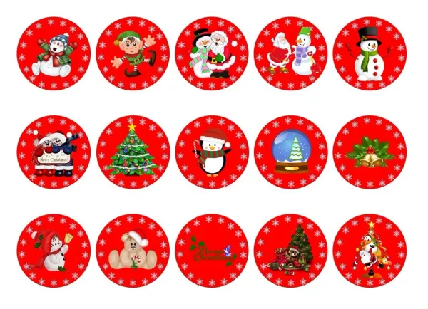 List jedlých koleček na cupcakes – Vánoční kolečka s sněhulákem a stromečkem (červená, bílá, zelená)