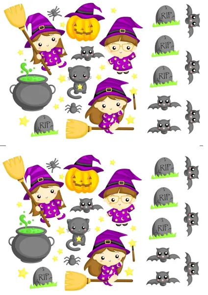 Obdélníkový jedlý obrázek na dort – Halloween, Čarodějnice, pavoučci a náhrobek (fialová, žlutá, černá)