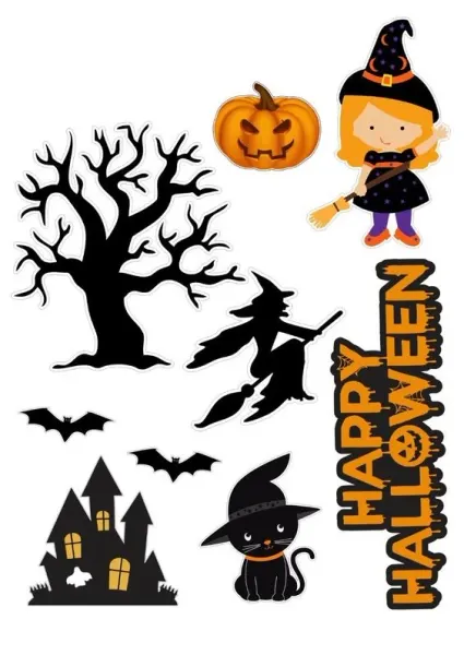 Obdélníkový jedlý obrázek na dort – Halloween, čarodějka s koštětem a hrad (černá, žlutá, bílá)