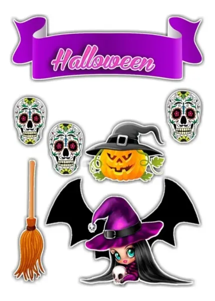 Obdélníkový jedlý obrázek na dort – Halloween, čarodějka a mexické lebky (fialová, černá, žlutá)