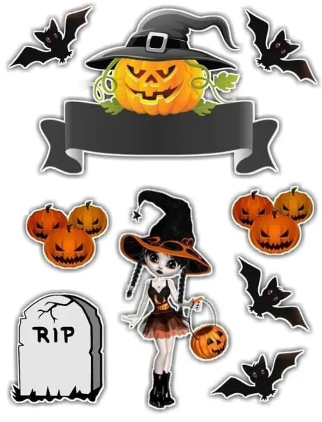 Obdélníkový jedlý obrázek na dort – Halloween, čarodějka, náhrobek a stuha (černá, žlutá, šedá)