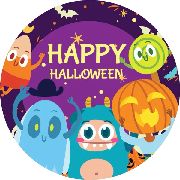 Kulatý jedlý obrázek na dort – Halloween s duchy a dýněmi (fialová, modrá, žlutá)