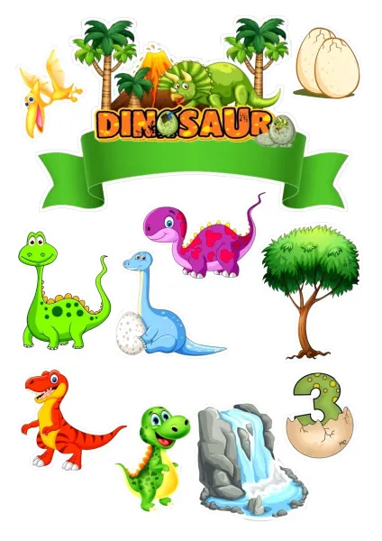 Obdélníkový jedlý obrázek na dort – Dinosauři v džungli (zelená, modrá, žlutá)
