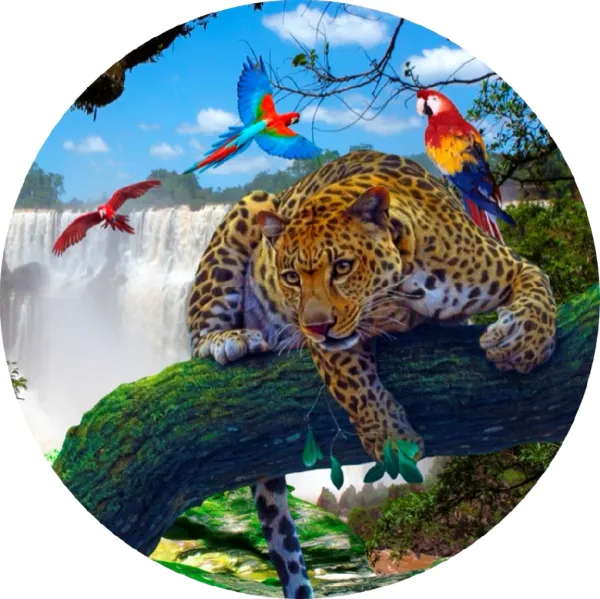 Kulatý jedlý obrázek na dort – Leopard a papoušci v džungli (zelená, modrá, hnědá)