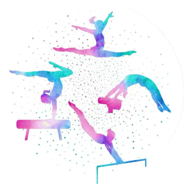 Kulatý jedlý obrázek na dort – Gymnastky ve sportovním duchu (tyrkysová, růžová, fialová)