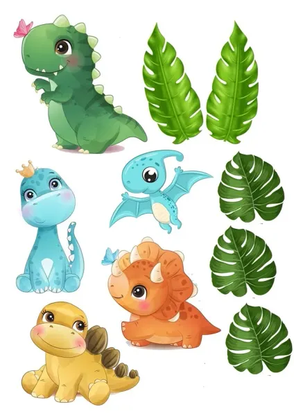 Obdélníkový jedlý obrázek na dort – Veselé dinosaurí mláďata (zelená, žlutá, modrá)