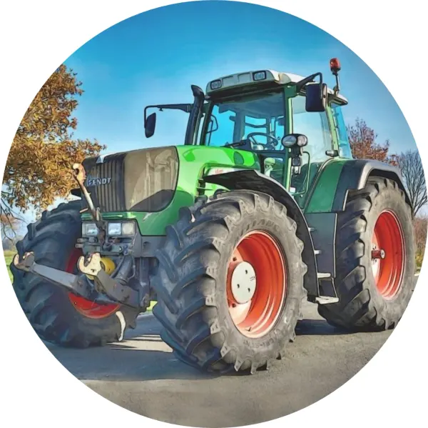 Kulatý jedlý obrázek na dort – Zelený traktor s podzimním stromem (zelená, modrá, červená)
