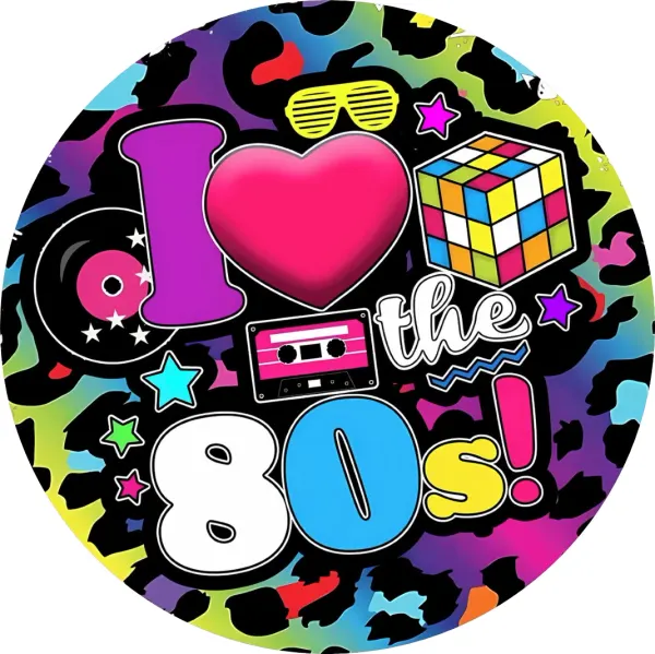 Kulatý jedlý obrázek na dort – Retro 80. léta (růžová, černá, duhová)