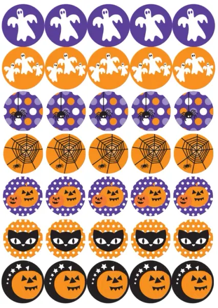 List jedlých koleček na cupcakes – Halloweenská kolečka s duchy a dýněmi (fialová, žlutá, černá)