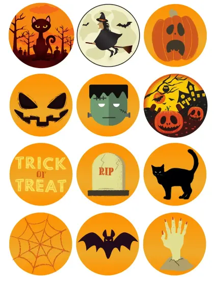 List jedlých koleček na cupcakes – Halloween, Frankenstein a Trick or Treat (žlutá, černá, zelená)