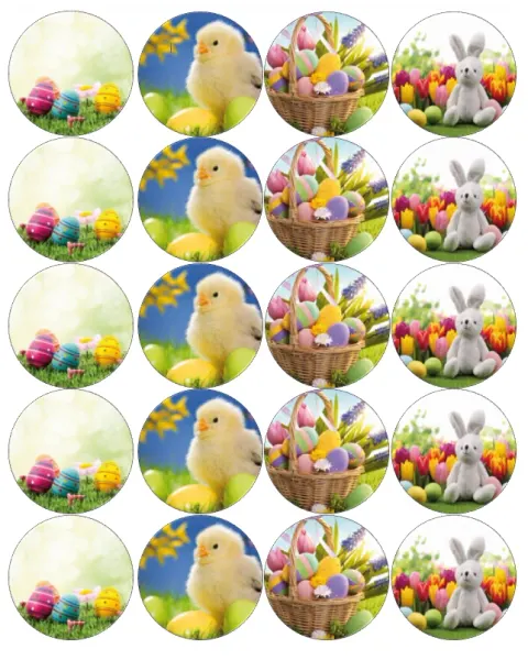 List jedlých koleček na cupcakes – Jarní zajíčci a kuřátka (zelená, žlutá, růžová)