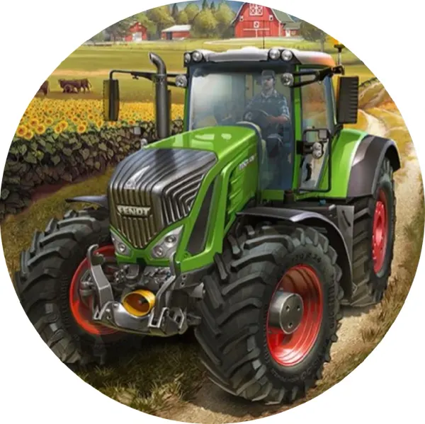 Kulatý jedlý obrázek na dort – Zelený traktor u slunečnic (zelená, červená, žlutá)