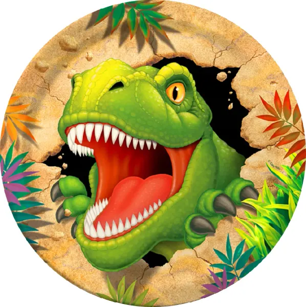 Kulatý jedlý obrázek na dort – Zelený T-Rex ve skále (zelená, hnědá, červená)