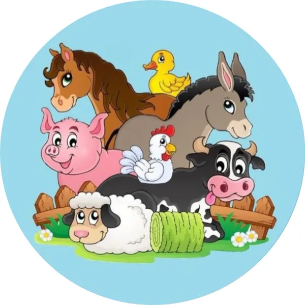 Kulatý jedlý obrázek na dort – Farma s koníkem a prasátkem (modrá, hnědá, růžová)
