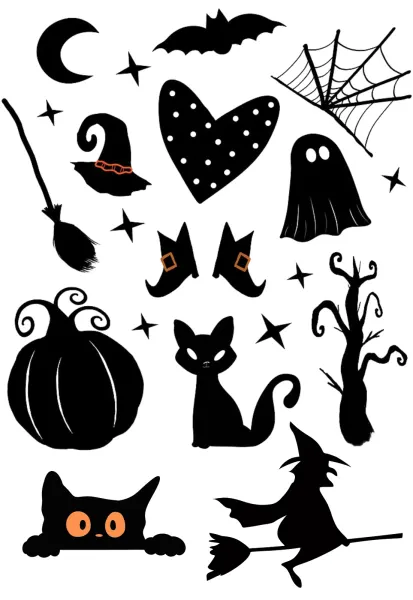 Obdélníkový jedlý obrázek na dort – Halloween, černé siluety s duchem a kočkou (černá, bílá)