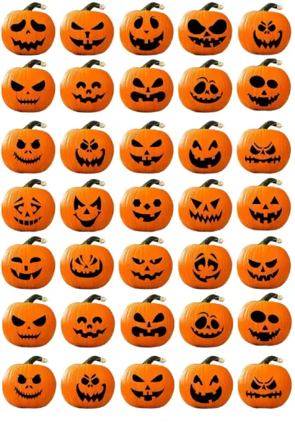 List jedlých koleček na cupcakes – Halloween, vyřezávané dýně s různými výrazy (žlutá, černá, zelená)