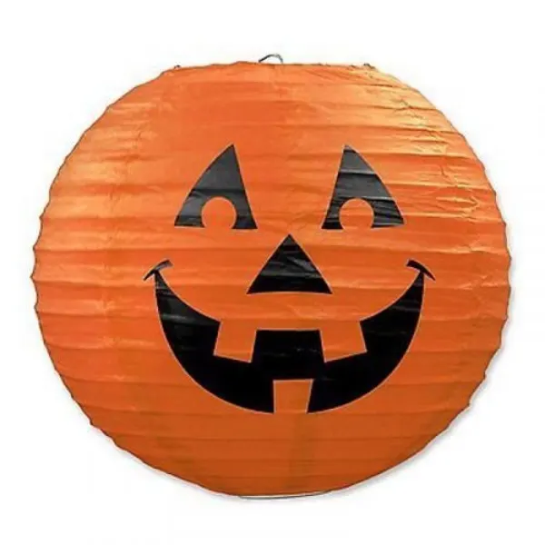 Oranžový papírový lampion dýně s černým halloweenským obličejem