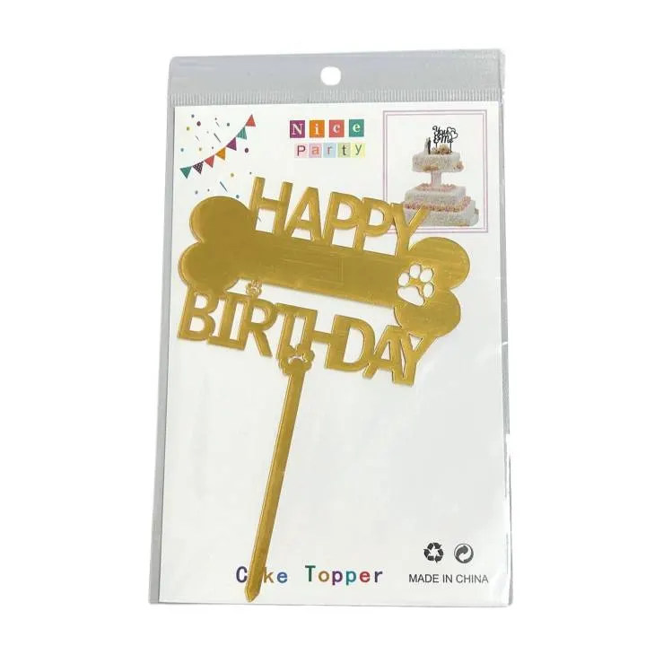 Zlatý zápich do dortu Happy Birthday s motivem tlapek