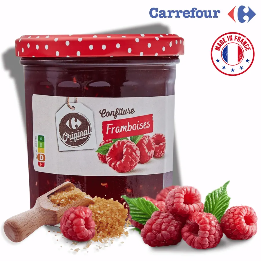 Sklenice malinového džemu se třtinovým cukrem Carrefour 370 g