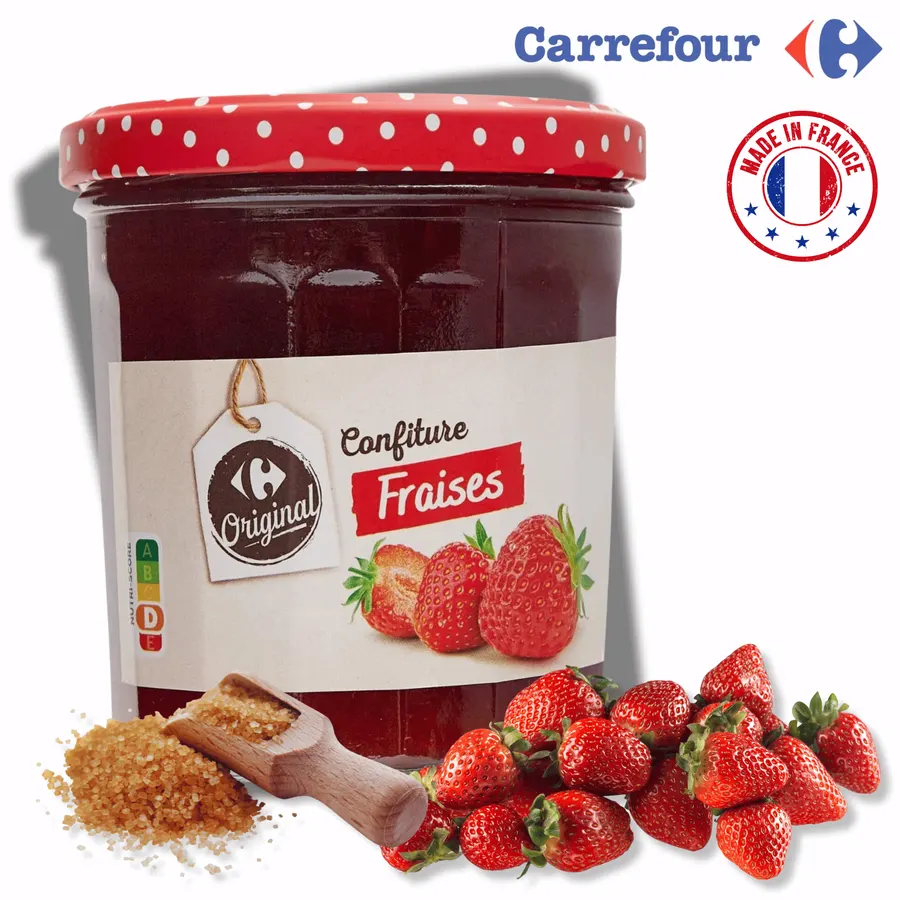 Sklenice jahodového džemu Carrefour se třtinovým cukrem