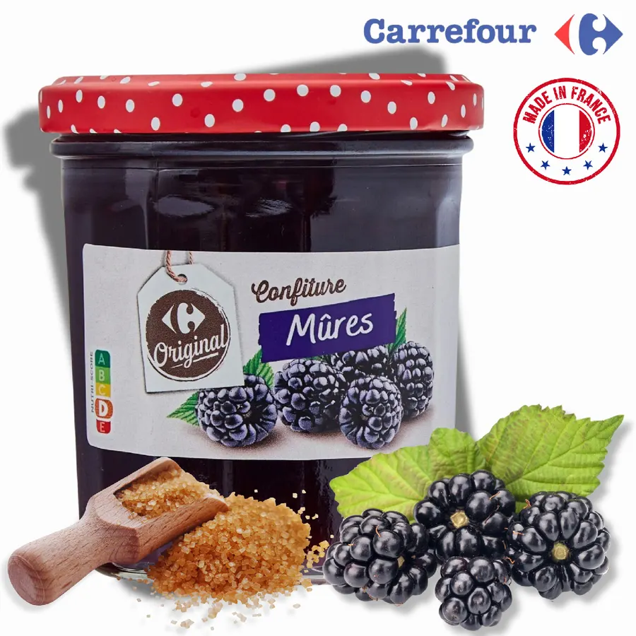 Sklenice ostružinového džemu Carrefour se třtinovým cukrem 370 g