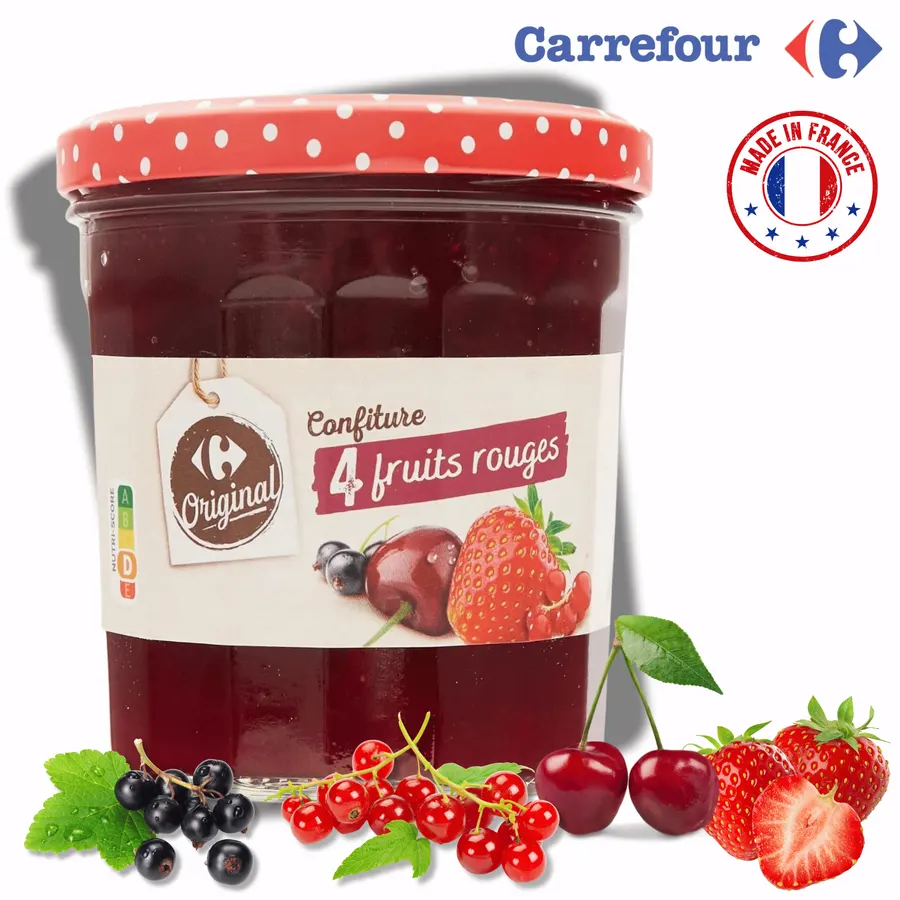 Sklenice džemu Carrefour ze čtyř druhů zahradního ovoce