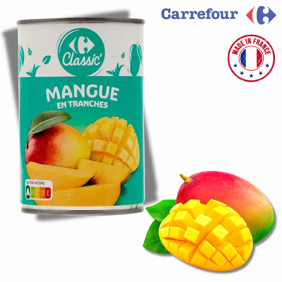 Plechovka francouzského kompotu s plátky manga Carrefour Original
