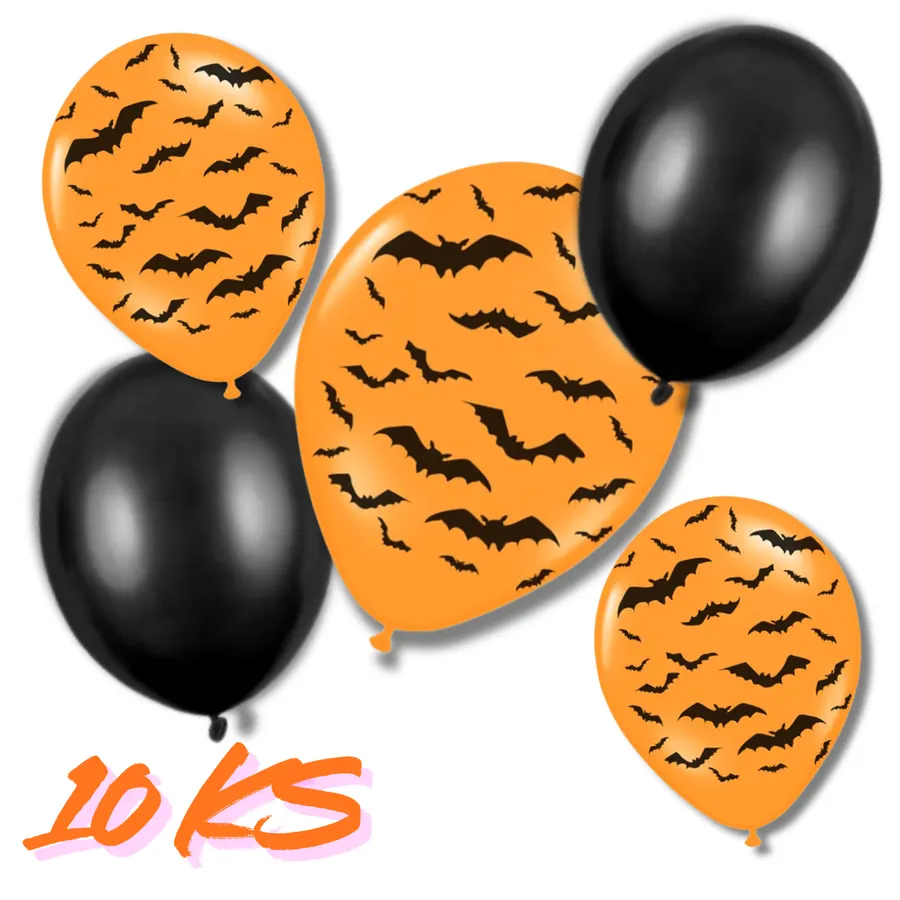 Halloweenské oranžové a černé balónky s motivem netopýrů
