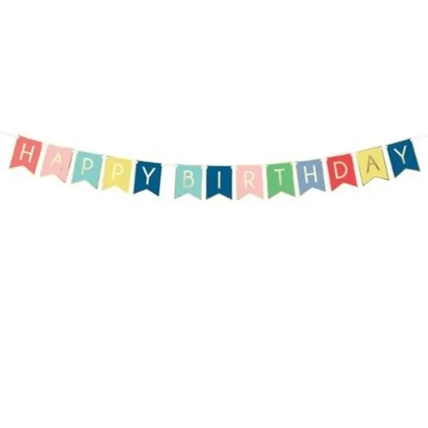 Barevný papírový party nápis Happy Birthday z vlaječek