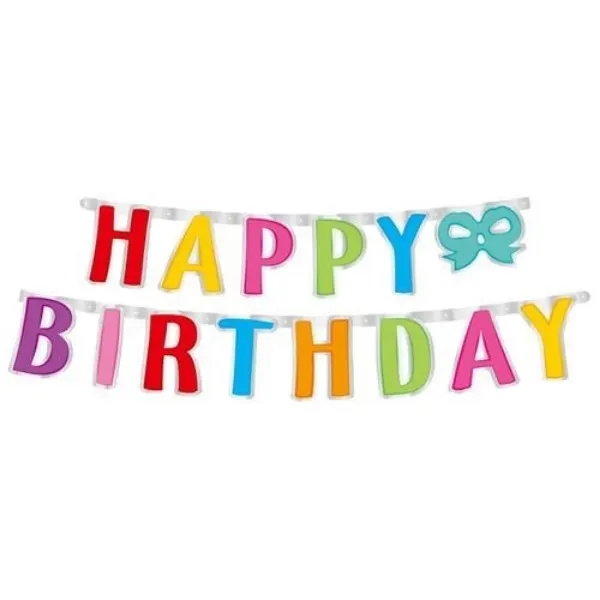 Barevný party nápis Happy Birthday s mašlí